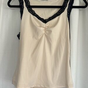 SHEIN Beige Cream Black Lace Trim Ruched Bust Cropped Tank Top Y2K Grunge Ribbed